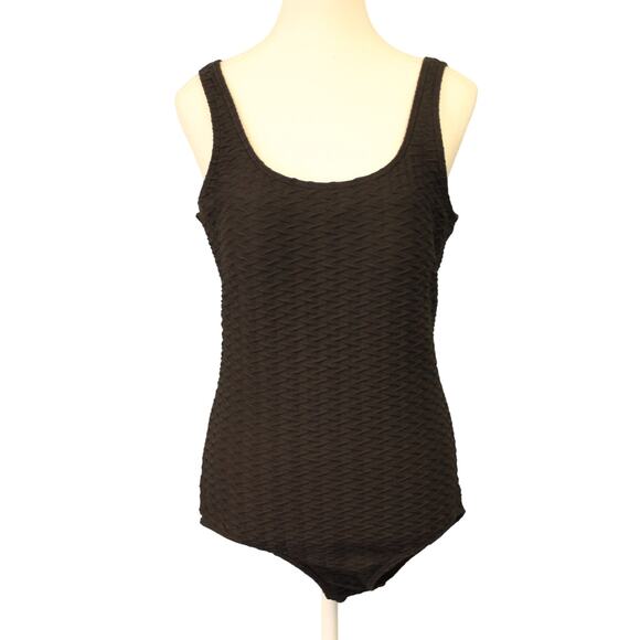 Lands' End Black Textured One Piece Swimsuit Womens Tall Size 12L Lined Bra - Picture 1 of 11
